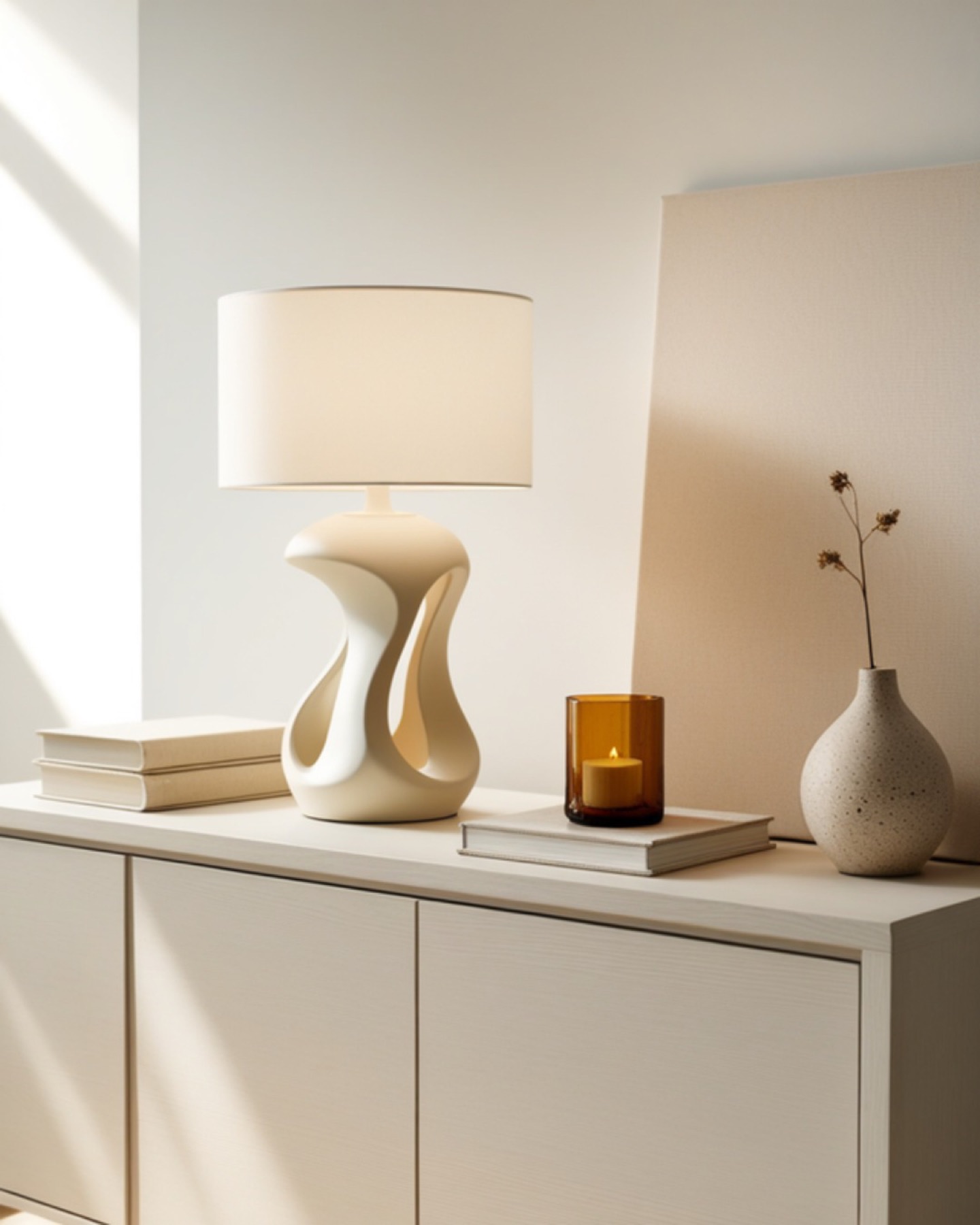 Sculptural cream table lamp, amber glass candle and speckled stone vase styled on a pale credenza in sunlight