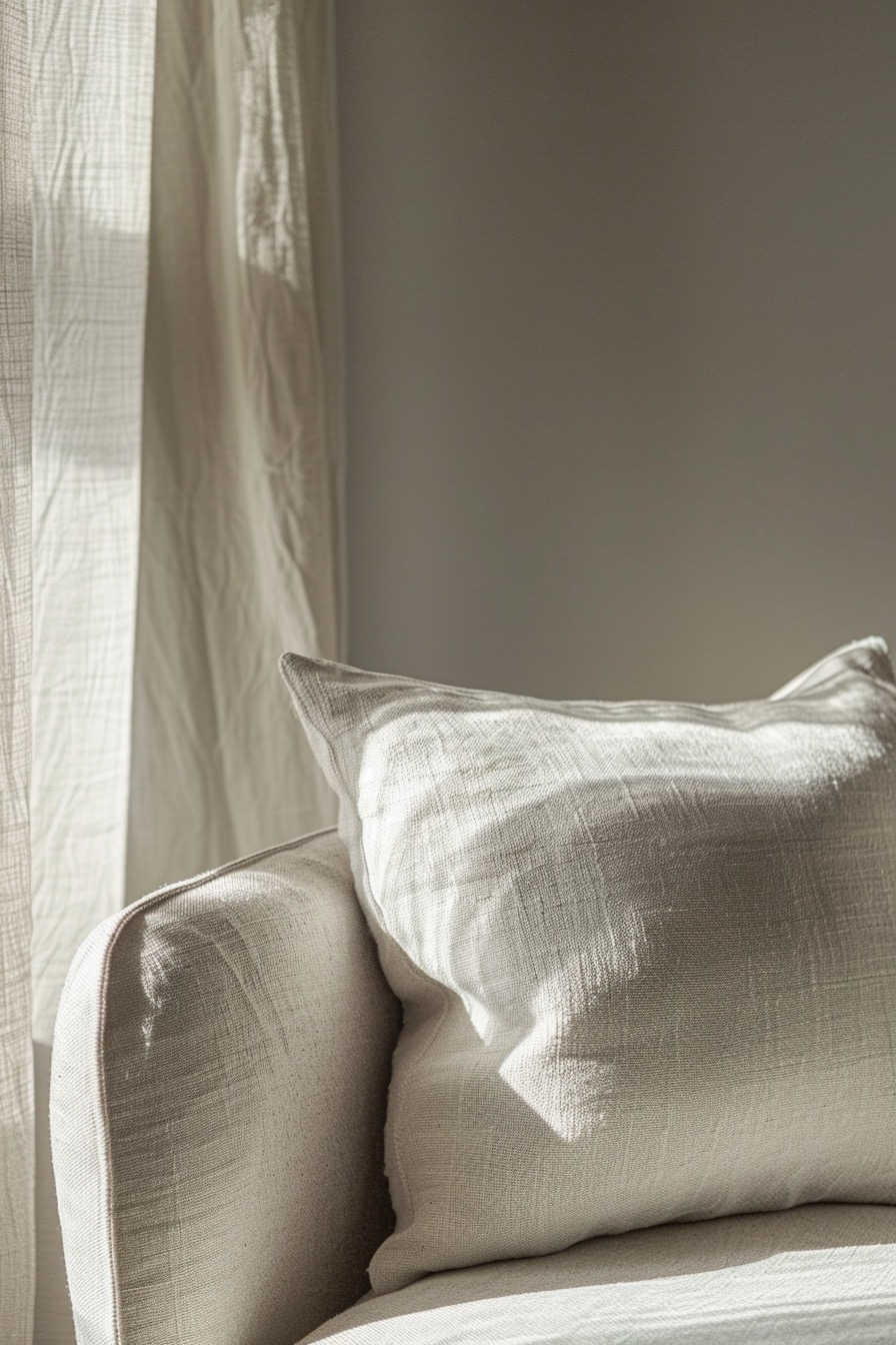 Linen pillow on a sofa beside sheer curtains in soft light
