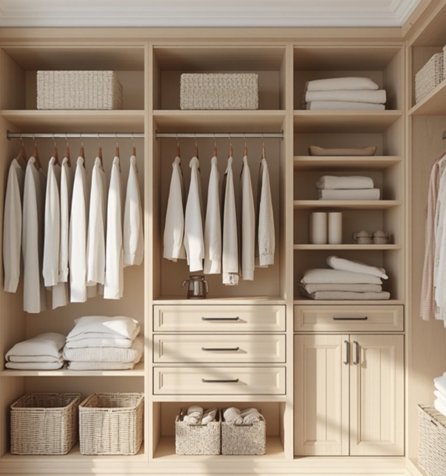 Organized walk-in closet with cream hanging shirts, folded linens and woven storage baskets