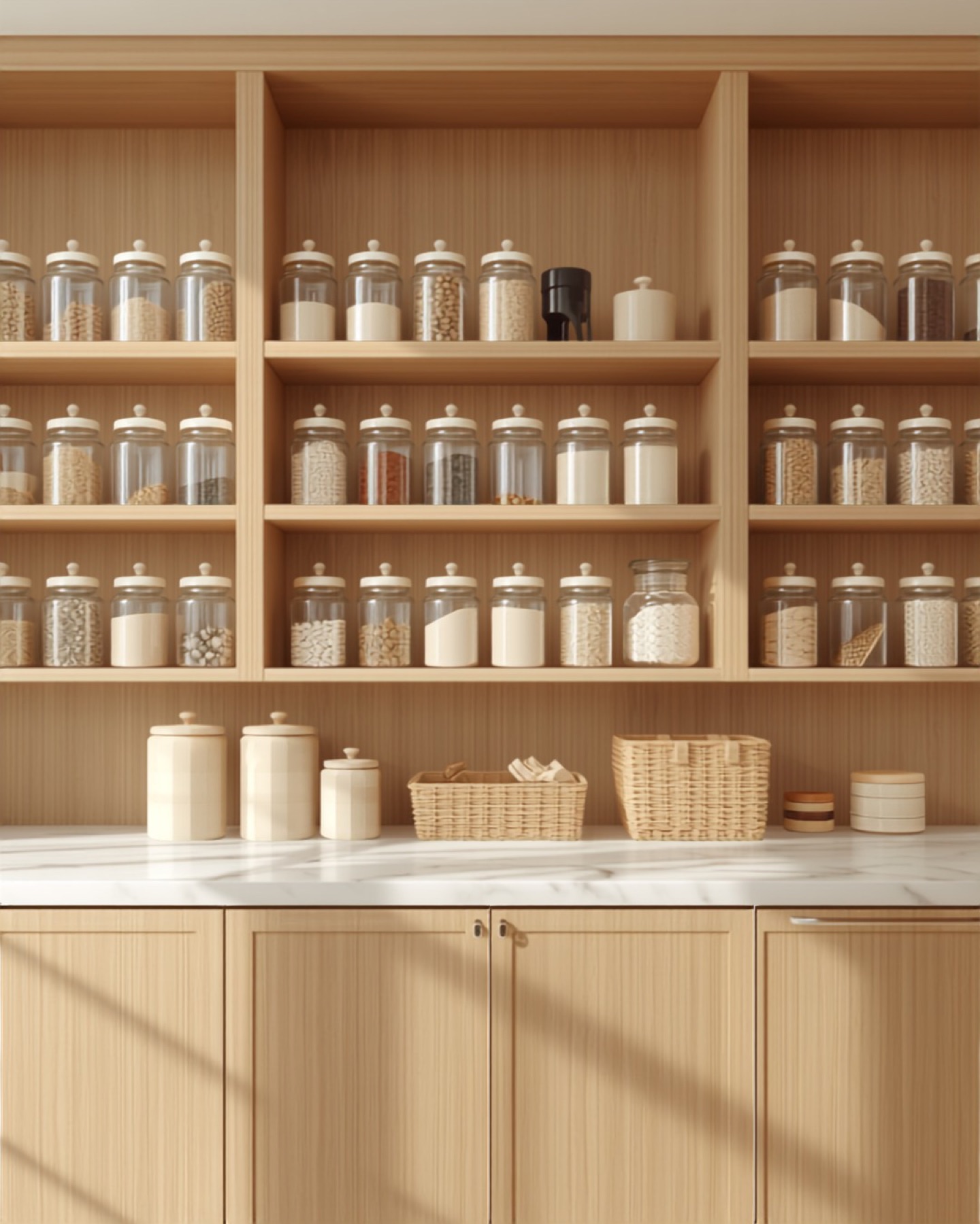 Organized pantry with matching glass jars of pantry staples on light wood shelves