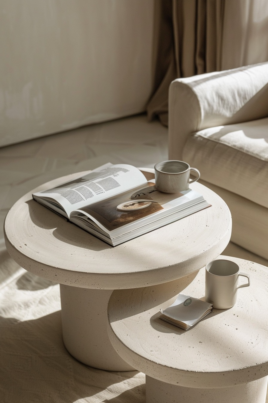 Cream sculptural coffee tables with an open magazine and two stoneware mugs in soft sunlight